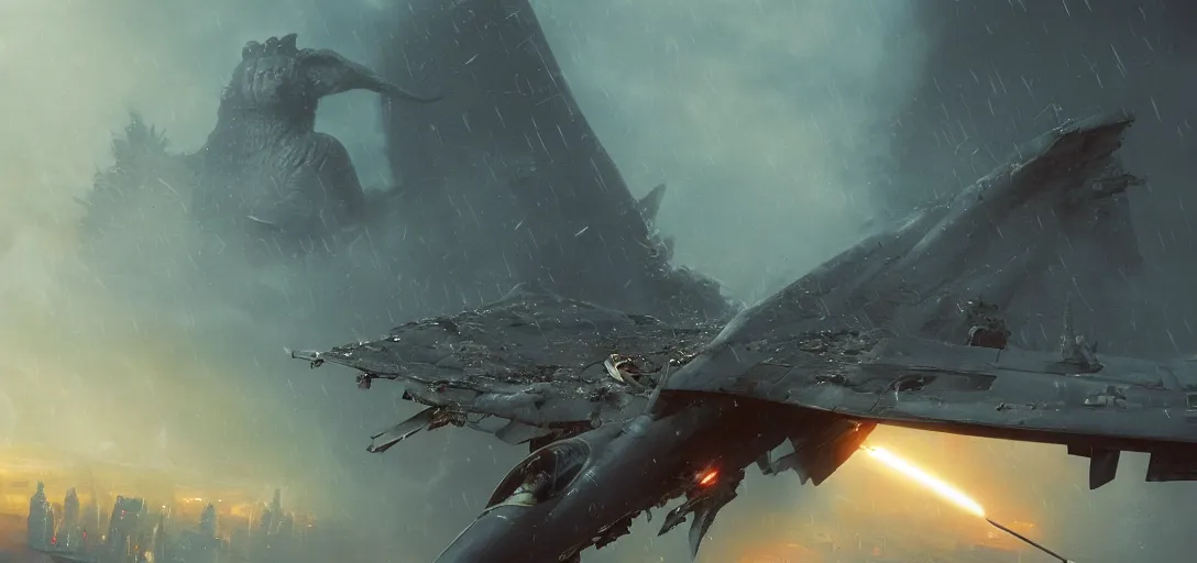 Prompt: First Person Point view of cockpit in fighter jet is fighting with godzilla in the wreckage city in the rain,by Tim Hildebrandt ,James Paick,Ted Nasmith, peter gric,Hugh Ferriss,trending on artstation,8k,Blade Runner 2049,ultra realistic,high detail,golden ratio,cinematic lighting,maximalist