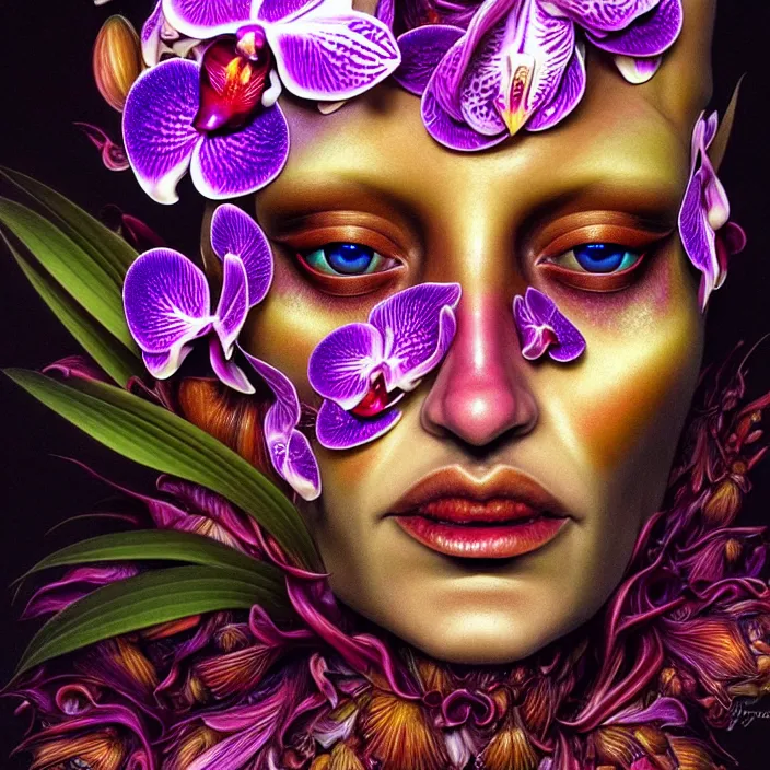 Image similar to psychedelic face made of orchid, diffuse lighting, fantasy, intricate, elegant, highly detailed, lifelike, photorealistic, digital painting, artstation, illustration, concept art, smooth, sharp focus, art by Giuseppe Arcimboldo