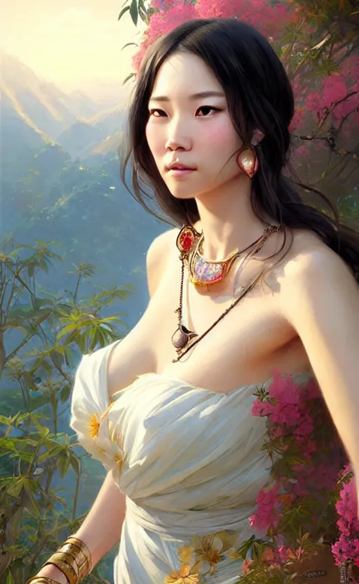 Image similar to a beautiful taiwan goddess with sundress with jewelry | | winter, realistic shaded, unpleasant face, good looking, fine details, realistic shaded lighting poster by greg rutkowski, magali villeneuve, artgerm, jeremy lipkin and michael garmash and macoto takahashi