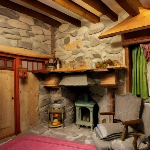 Image similar to photo of interior of fairytale cottage, english and japanese, cozy stone cottage