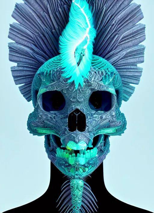 Image similar to 3 d goddess profile portrait, sigma 5 0 0 mm f / 5. beautiful intricate highly detailed quetzalcoatl skull and feathers. bioluminescent, plasma, lava, ice, water, wind, creature, thunderstorm! artwork by tooth wu and wlop and beeple and greg rutkowski, 8 k trending on artstation,