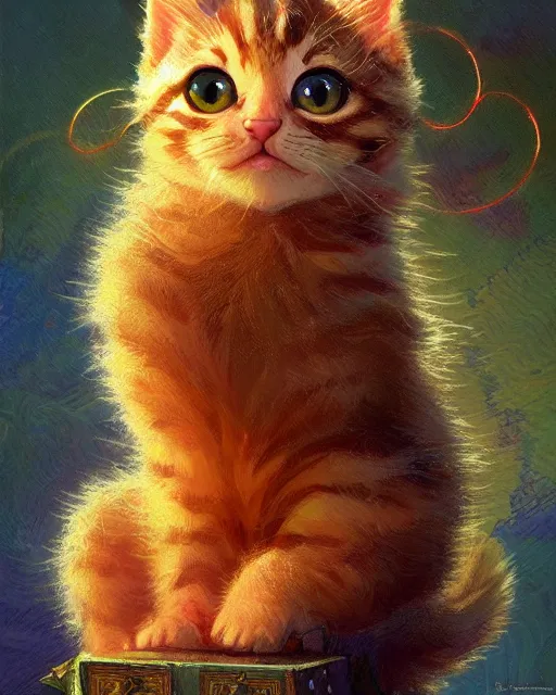 Image similar to an adorable kitten learning magic | highly detailed | very intricate | symmetrical | fantasy and whimsical and magical | soft cinematic lighting | disney pixar | award - winning | painted by donato giancola and paul lehr and ross tran | pastel color palette | featured on artstation