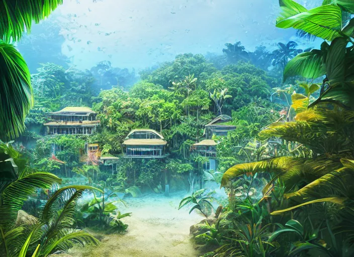 Prompt: overgrown tropical foliage overtaking japanese favela, underwater environment, borealis, scenery, professional, award - winning, trending on artstation, hyper detailed, realistic, beautiful, emotional, shiny, golden, picture