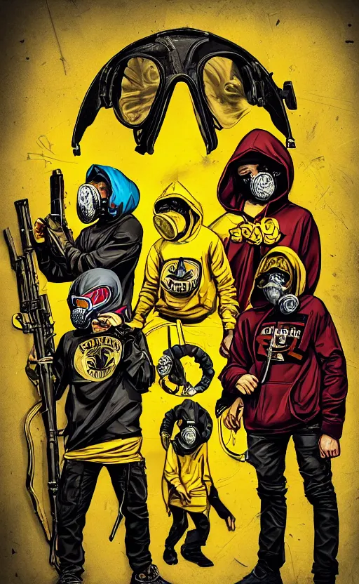 Prompt: saints gang, yellow red hoodie, group photo, punk art, warehouse, weapon, drugs, flex box position, yellow bandana, gasmask, saints mask, fiction, stability, intricate, elegant, 8 k, uhd, justify, artstation, concept art, matte, sharp focus, illustration, consistent, highly detailed object content, proportional object content
