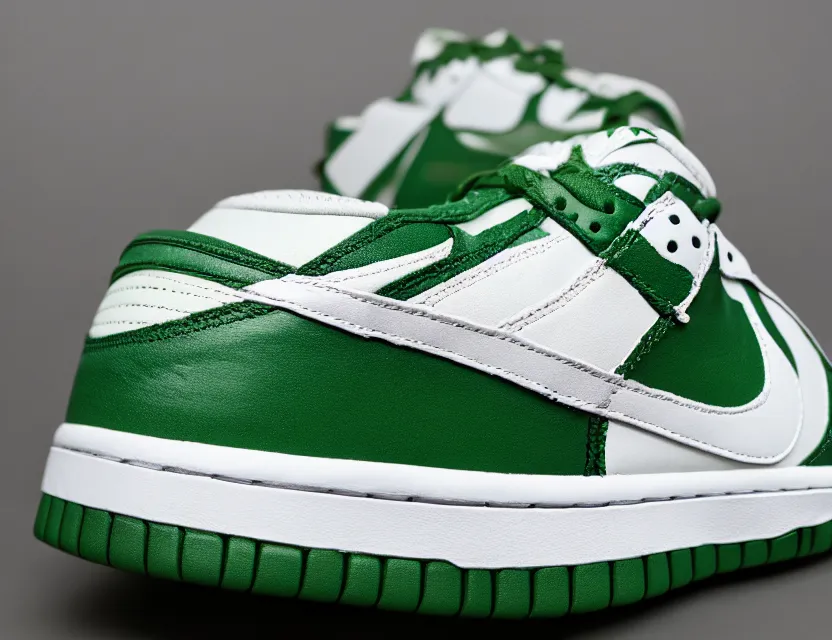 Image similar to a press photograph of nike dunk low pine green and white, size 1 0, white background