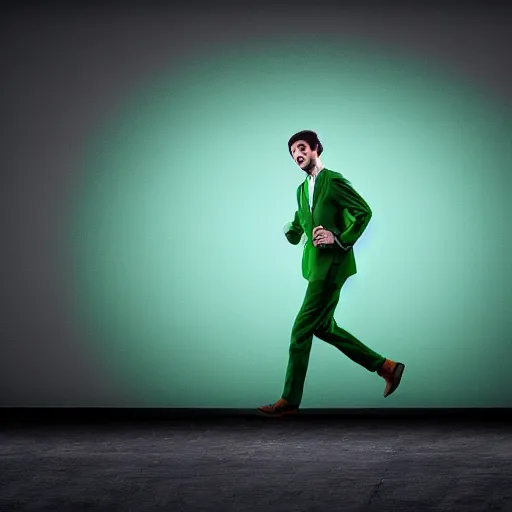 Prompt: man in green screen suit running away from a blue train, highly detailed, 4k, green neon lighting