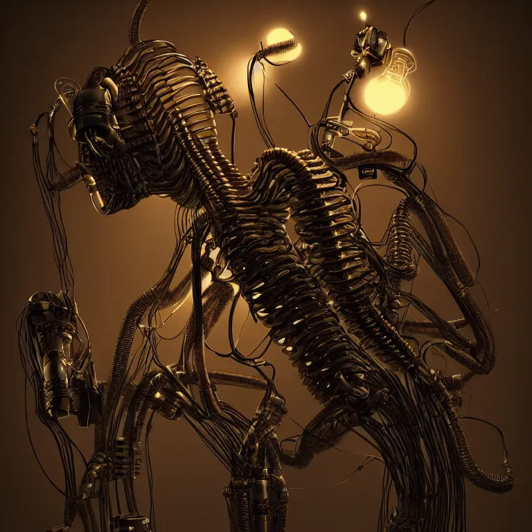 Prompt: cables steampunk computers , love death robots, beautiful detailed intricate insanely detailed octane render trending on Artstation, 8K artistic photography, photorealistic, chiaroscuro, Raphael, Caravaggio, Beksinski, Giger