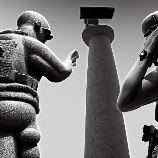 Image similar to the special forces pointing at a peanut statue, security camera, black and white, detailed, realistic, 4k, megalofobia