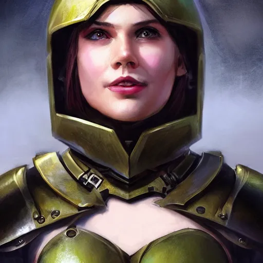 Image similar to doomguy as an attractive young smiling woman dressed as a knight, face portrait, hd shot, digital portrait, beautiful, fantasy art, artstation, comic style, by artgerm, guy denning, jakub rozalski, magali villeneuve and charlie bowater