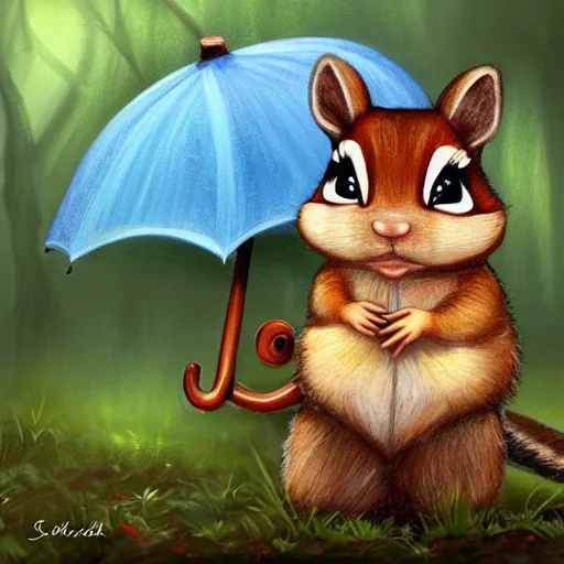 Prompt: an adorable chipmunk holding an umbrella in the rain in a cozy forest setting, fantasy art, digital art, illustration, 8k