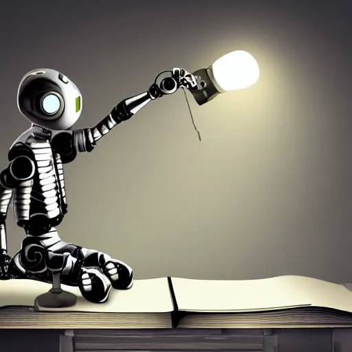 Prompt: a robot reading a book sitting in a desk chair and on the table a desk lamp turned on, in the background many books