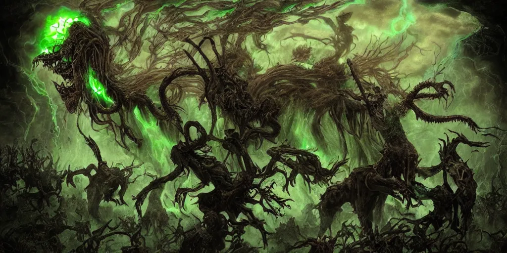 Image similar to A hauntedly beautiful yet grotesque wraith of pestilence and disease glowing with green ethereal light, with arms outstretched she hovers atop a hoard of swarming undead rats, high quality, hyperdetailed, fantasy,