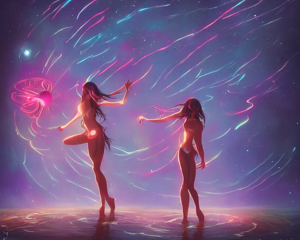 Prompt: beautiful fantastical girl standing in a lake basking in the moonlight, casting a spell, under a multi-colored binary blackhole with an accretion disc, glowing trails following her arms, wearing professional makeup, synthwave, by Lois van Baarle, by Greg Rutkowski, by artgerm, by beeple, by studio ghibli, cinematic angle, volumetric lighting, 4k resolution, octane render, trending on artstation, masterpiece