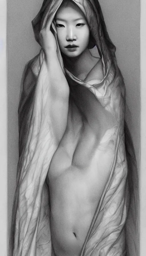 Image similar to model yoon young as the high priestess, by roberto ferri, black and white graphite drawing, smooth render, 3 / 4 view