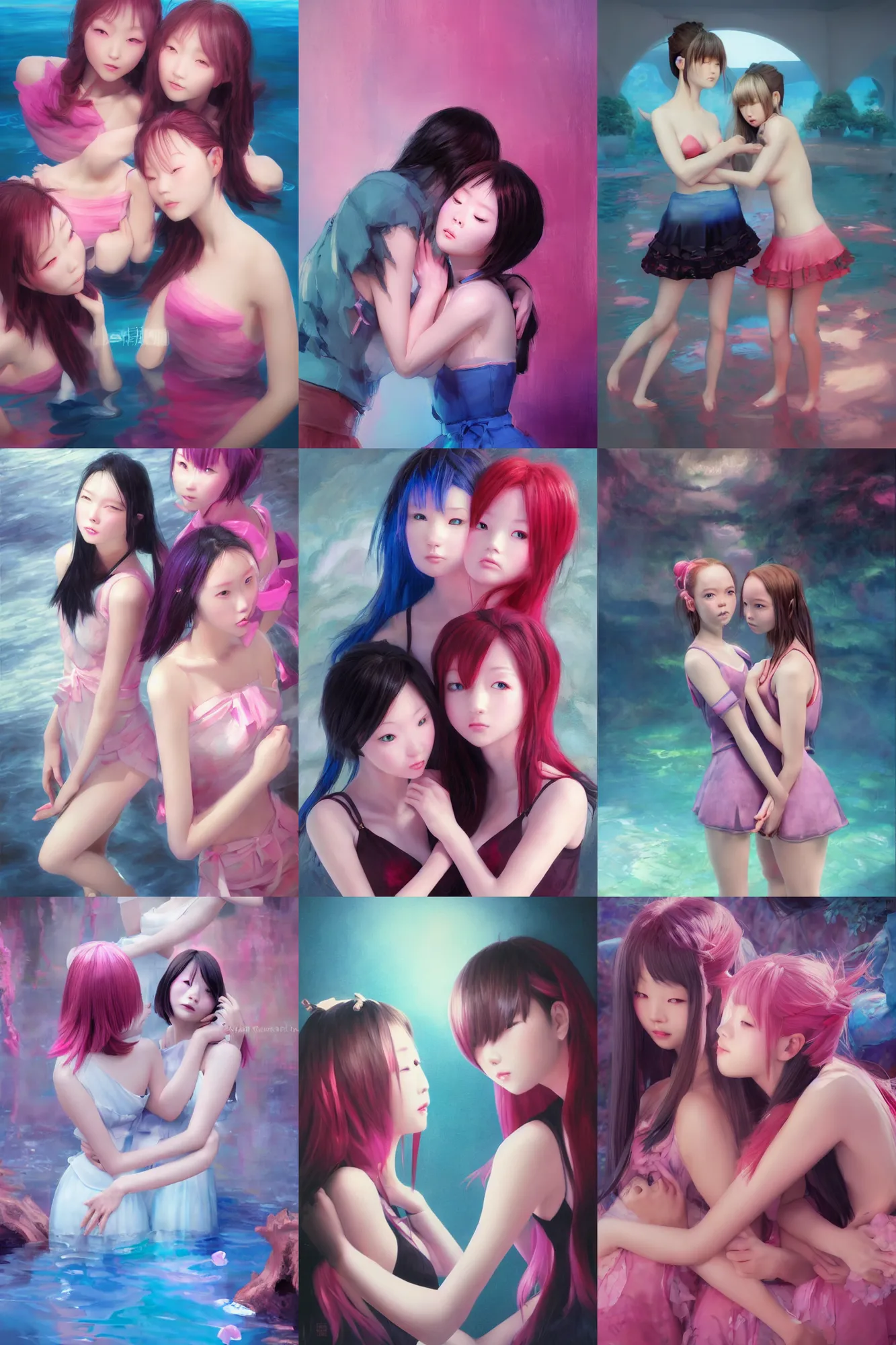 Prompt: 3d dark infrared octane render concept art by D. Jun, by Mo Xiang Tong Xiu, by Igarashi Daisuke, beauty portrait anime schoolgirls hugging under dark pink and blue water. cute face. complex composition mirror pool. dramatic light, trending on artstation, oil painting.