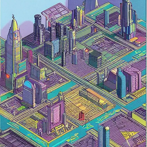 Image similar to isometric sci - fi city by moebius. illustration. beautiful detailed high quality render.