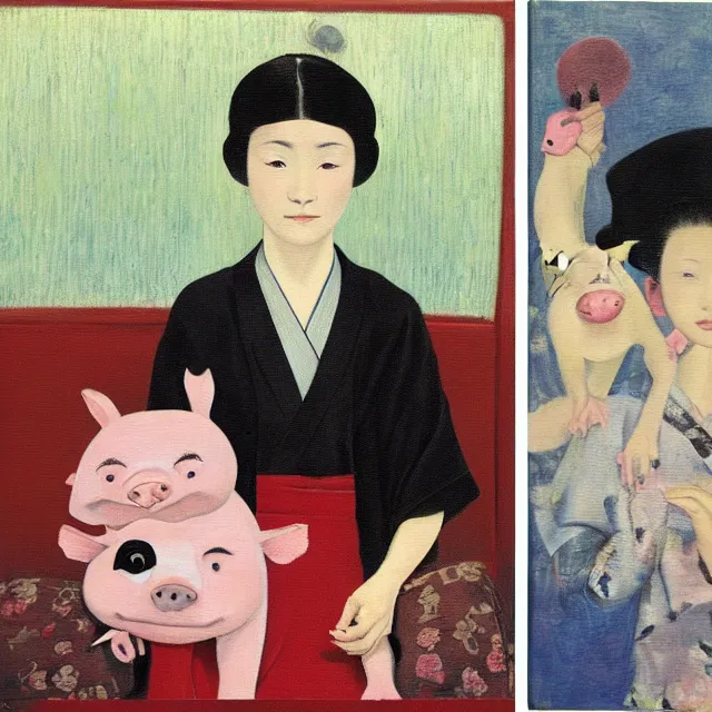 Image similar to tall emo female artist holding small portraits and piglet on a train, wearing a kimono, on yamanote line in japan, tokyo station, summer, sweat, ice coffee, pigs, octopus, acrylic on canvas, surrealist, by magritte and monet