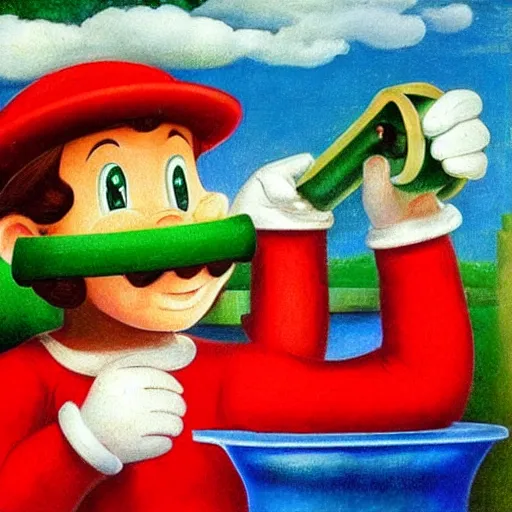 Image similar to an italian plumber with a red hat emerges from a green city pipe by Raphael, Hopper, and Rene Magritte. detailed, romantic, enchanting, trending on artstation.