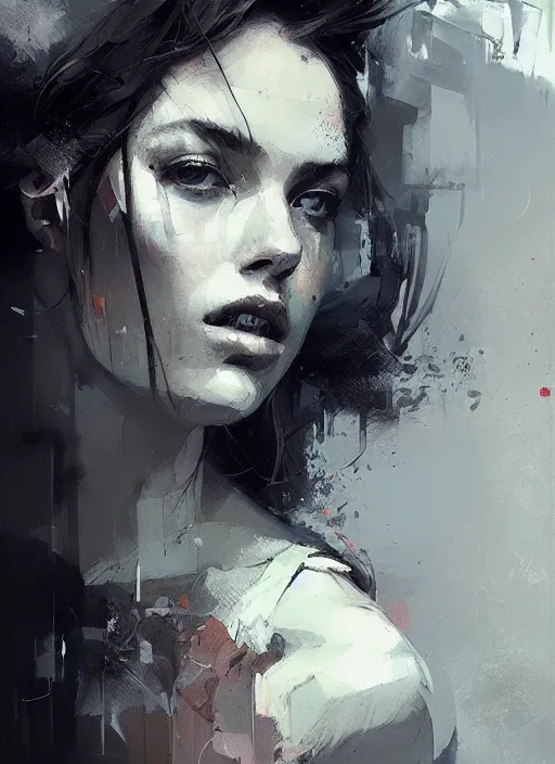 Image similar to outdoor portrait of a beautiful girl, shades of grey, beautiful face, rule of thirds, intricate outfit, spotlight, by greg rutkowski, by jeremy mann, by francoise nielly, digital painting