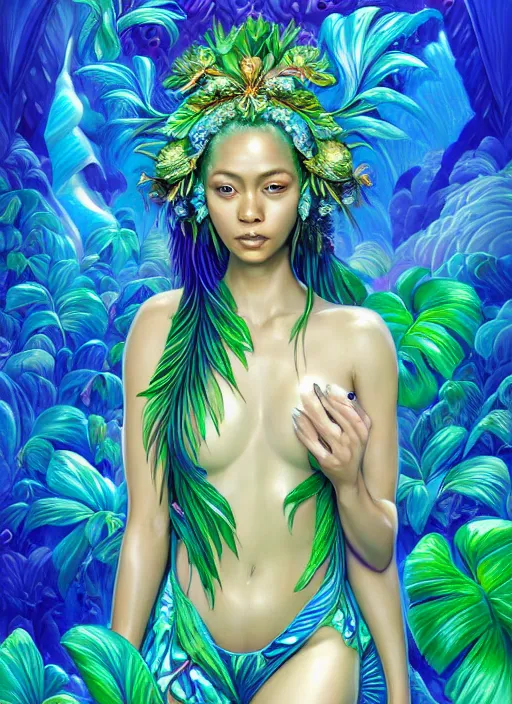 Image similar to porttait of a beautiful celestial Hawaiian pearlescent lush garden Goddess wearing a futuristic lush luxurious suit exposed in cryo chambers by James Jean, royal green and oceanic blue theme, intricate, elegant, highly detailed, centered, digital painting, lush hawaiian landscape, sakura season, Kauai inspired, artstation, concept art, smooth, sharp focus, illustration, by Peter Mohrbacher, WLOP