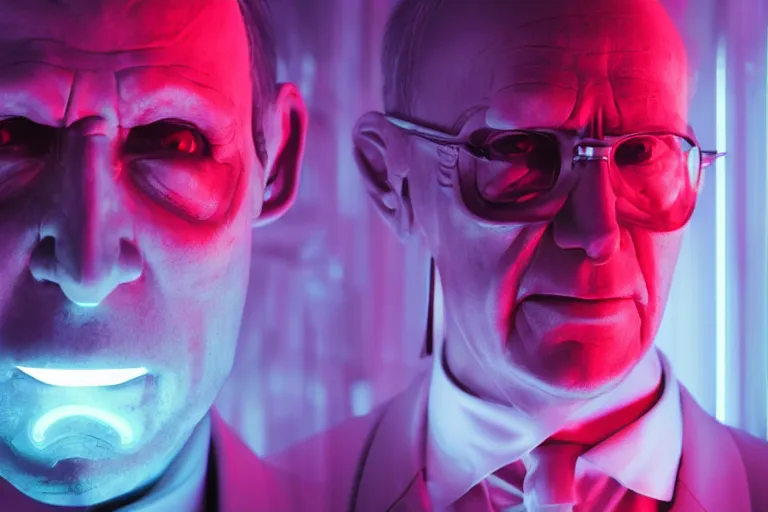 Image similar to an ultra realistic colour cinematic headshot portrait of an evil scientist, stood inside a futuristic lab, neon, colour, detailed, deep focus, movie still, dramatic lighting, ray tracing, by werner herzog