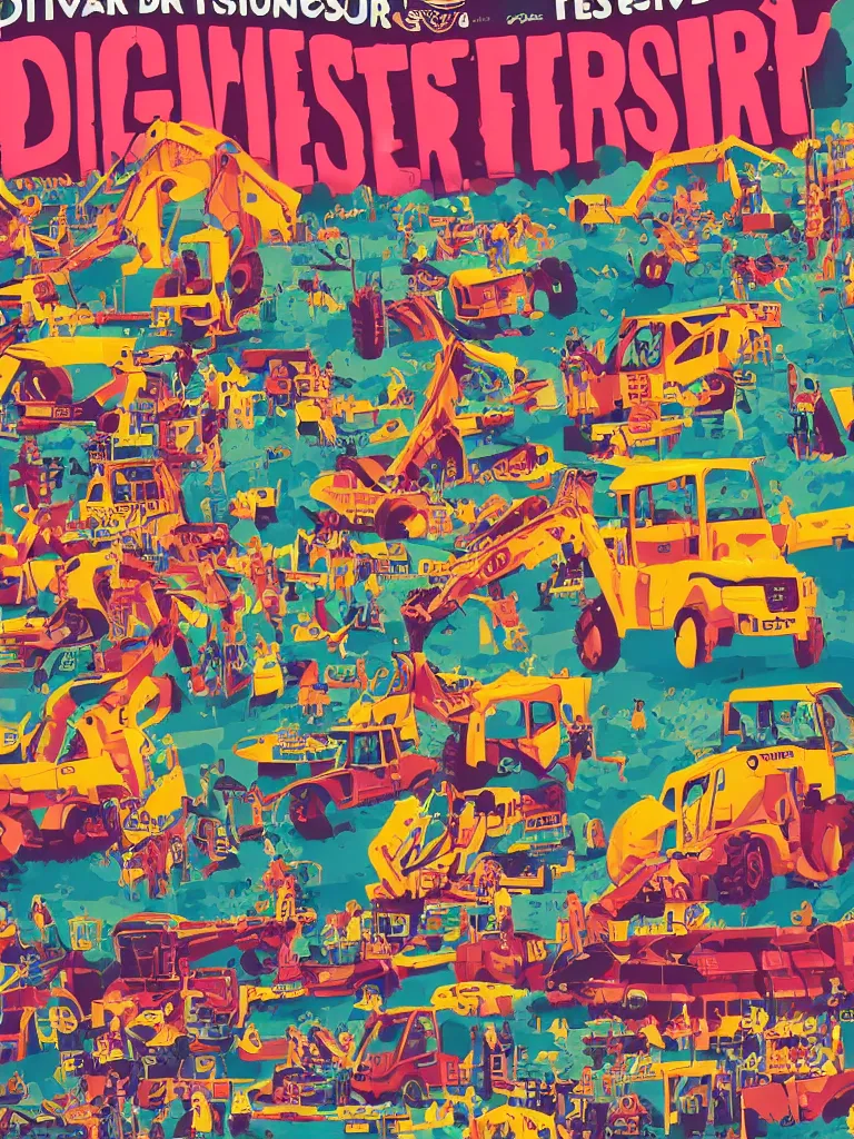 Image similar to poster for a summer festival called diggerfest in the united kingdom, digger land, really good vibes, colorful, construction, friends