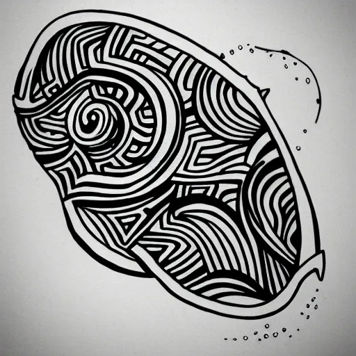 Image similar to tattoo sketch of a sea, on a yellow canva, ornamental, line art, minimalism, maori