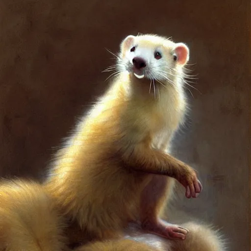 Image similar to a portrait of a furry ferret wearing clothes, hairy, furry body, furry arms, feet, tail. highly detailed painting by gaston bussiere, craig mullins, j. c. leyendecker, furry