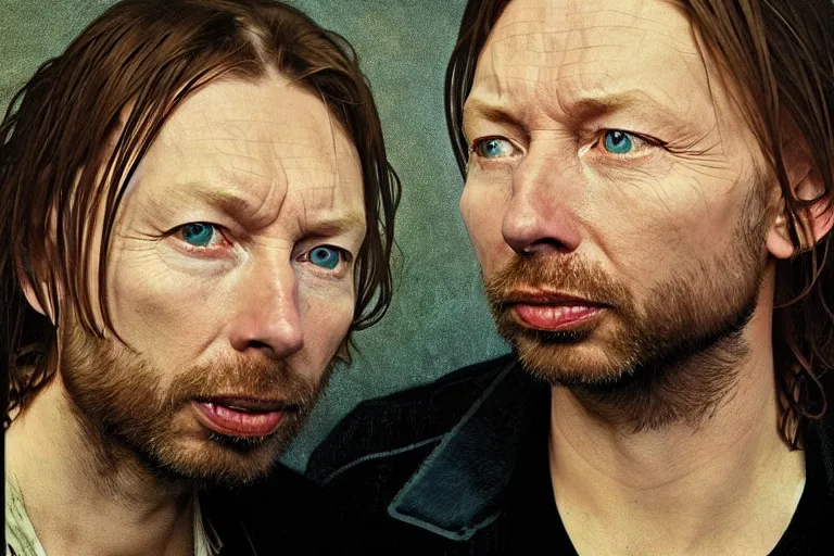 Prompt: hyper realistic portrait of rounder faced thom yorke, bigger nose, bigger chin, sideview, on a stage, by lee bermejo, alphonse mucha and greg rutkowski