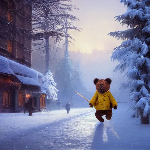 Image similar to smiling brown bear playing yellow Flying-V in hat in winter at streets of Moscow, sharp focus, fantasy style, octane render, volumetric lighting, 8k high definition, by greg rutkowski, highly detailed, trending on art Station