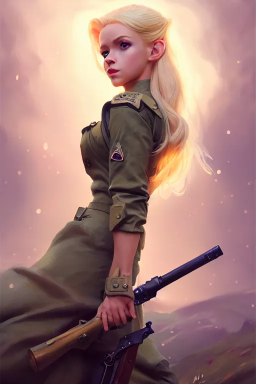 Image similar to cinematic shot of an epic portrait of a cute blonde fairy dressed in military clothes, stylised military clothes, shiny skin, beautiful eyes, beautiful, small details, night setting, realistic poster with volumetric light from craig mallism, artgerm, jeremy lipkin and michael garmash, unreal engine, radiant light, digital art, trends at art station, a masterpiece