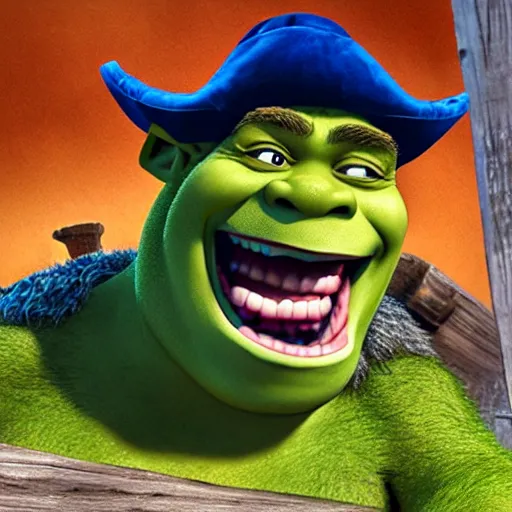 Image similar to shrek in a pirate hat with an eye patch grinning after just rick rolling an entire group