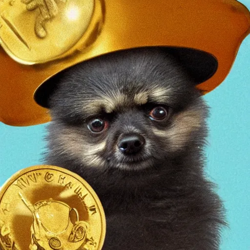 Image similar to A pomeranian wearing a top-hat and a monocle, sitting on top of a large pile of gold coins