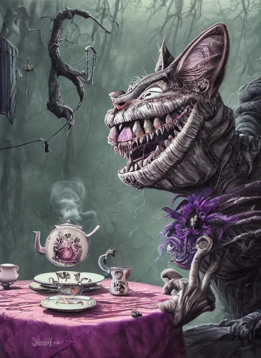 Prompt: Cheshire Cat drinking tea with Alice in wonderland,death tarot card,highly detailed,half skull face,cinematic,8k,by Stanley Artgermm,Tom Bagshaw,Greg Rutkowski,Carne Griffiths, Ayami Kojima, Beksinski, Giger,trending on DeviantArt,hyper detailed,horror, full of colour