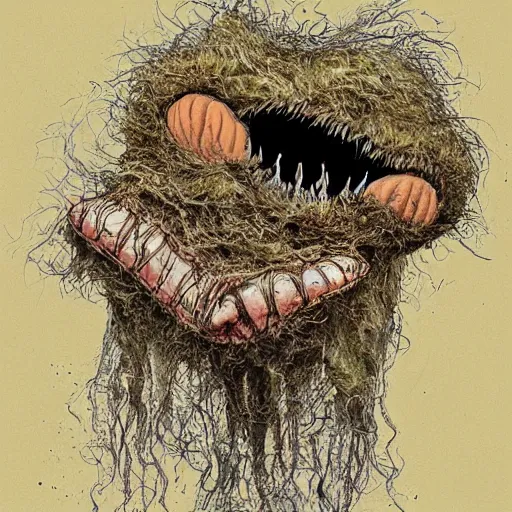 Image similar to a very strange creature made of cronenberg schmutz and drips, mucus, hairy, skin parts, fuzzy disgusting teeth, saliva nasty