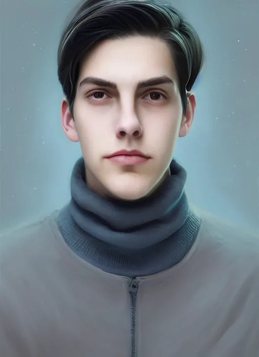 Image similar to portrait of teenage jughead jones wearing a light grey crown, crown, blue turtleneck, closed eyes, photorealistic, black hair, glowing lighting, intricate, elegant, glowing lights, highly detailed, digital painting, artstation, concept art, smooth, sharp focus, illustration, art by wlop, mars ravelo and greg rutkowski