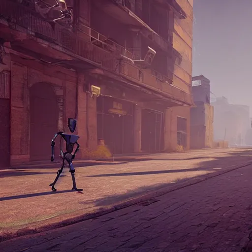 Prompt: vintage robot walking through an abandoned city, 3D, atmospheric, photorealistic, magic hour, unreal engine 5