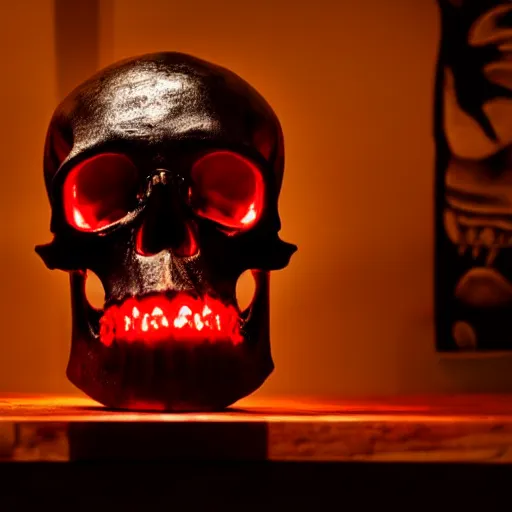 Prompt: humanoid skull with glowing red eyes, on a table, beautiful lighting