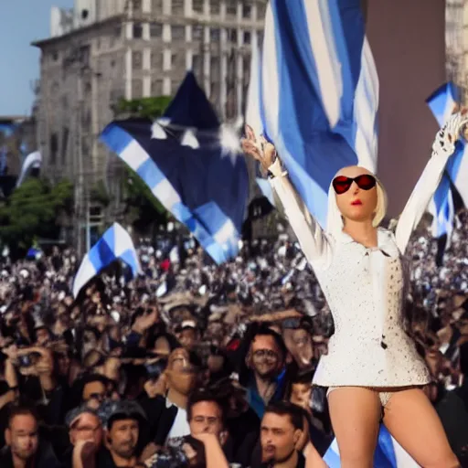 Image similar to Lady Gaga as Evita, Argentina presidential rally, Argentine flags behind, bokeh, epic photo, detailed face, Argentina