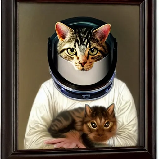 Prompt: portrait of a cat astronaut with armor and helmet, by bouguereau