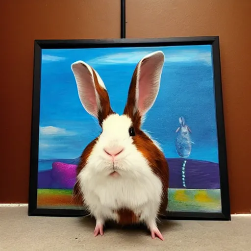 Image similar to a rabbit proudly posing next to a painting of a guinea pig