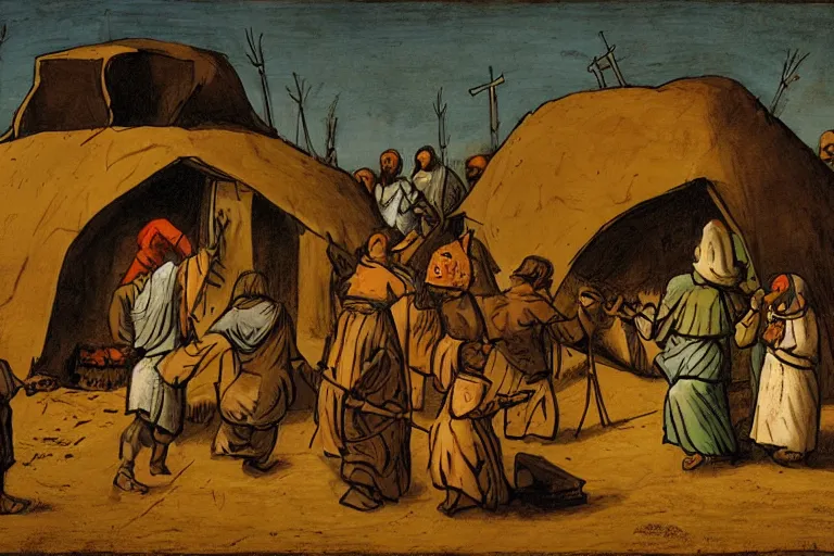 Prompt: medieval peasants worship a colossal tortoise in an ancient persian bedouin camp. style of rhads and william kentridge