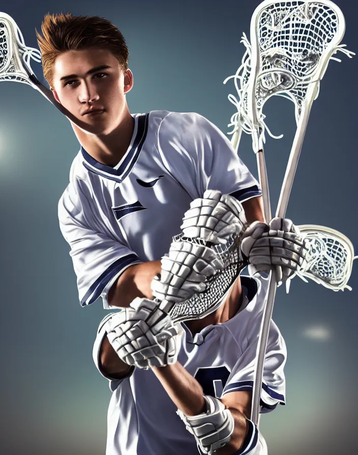 Image similar to closeup portrait of very beautiful cute male lacrosse player in a penn state stadium, glamour pose, particle effects, backlit, highly detailed, soft ambient lighting, sharp focus, rule of thirds, artgerm, wlop, arney freytag, rossdraws, frank frazetta, andrei riabovitchev, hd, octane, 4 k