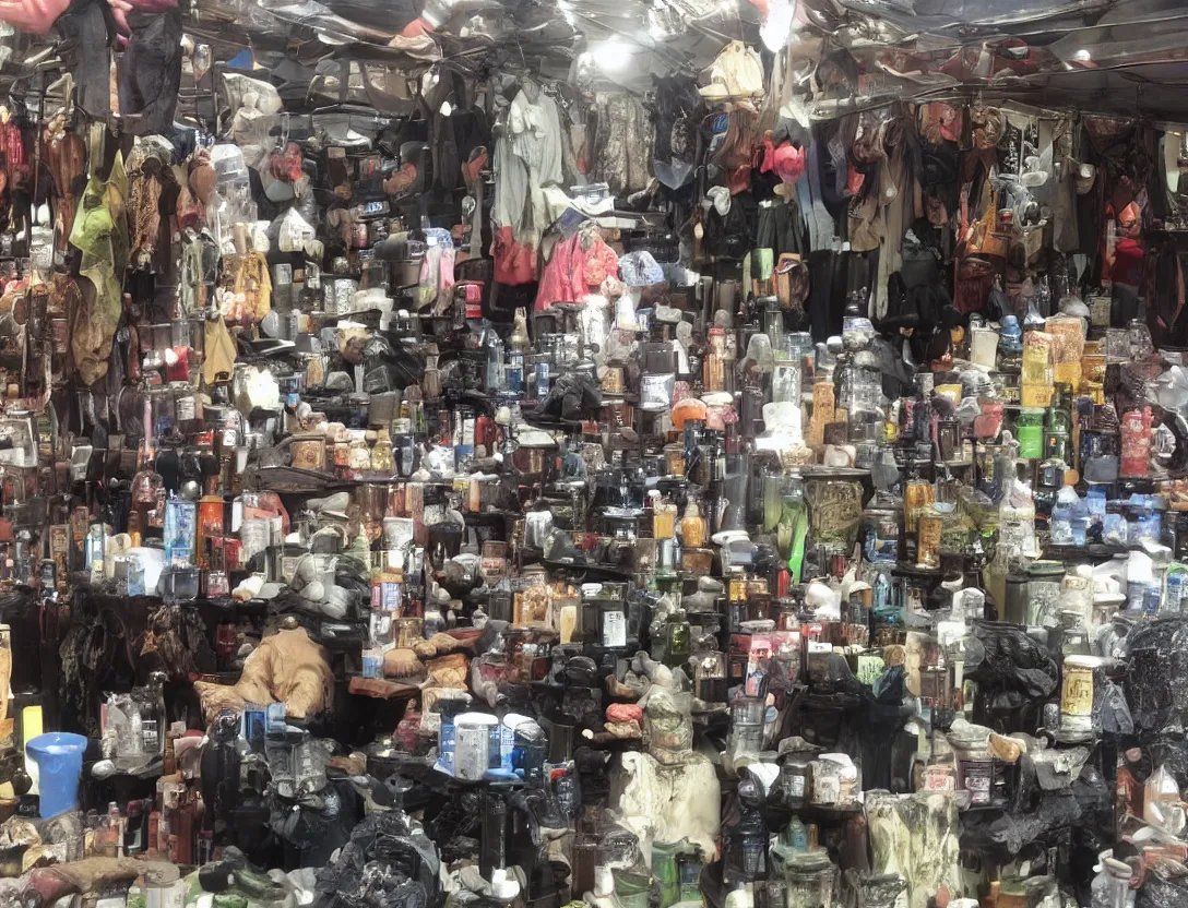 Image similar to market stall in Mordor. An orc selling dark toiletries and body parts