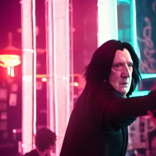 Image similar to Severus Snape dances in a bar, neon light, realistic, full body, very detailed, super realistic