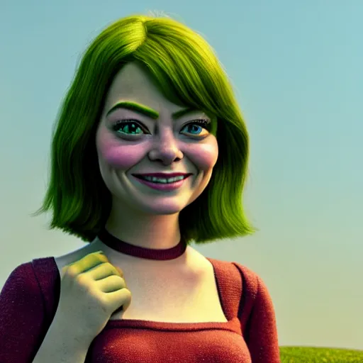 Image similar to Emma Stone as a female wife Shrek, Shrek face features, fully detailed, high quality , 4k , octane render , soft lightening , masterpiece