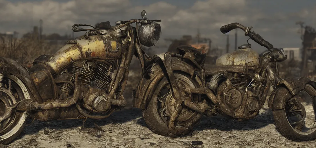 Image similar to fallout motorcycle, 8 k photorealistic, hd, high details, trending on artstation