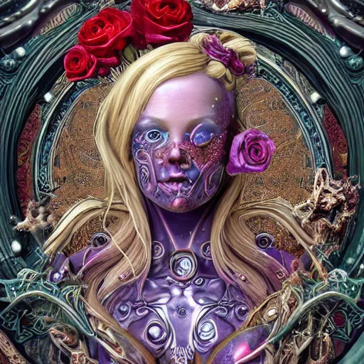 Image similar to blonde girl in a cosmic dress, full-body tattoos, ornate, rococo, grotesque, zbrush art, majestic, organics, silver filigree, colorful, dark fantasy, celtic knot, anatomical, h r giger style, moebius, frank frazetta, ornate, art nouveau, symmetrical, turquoise jewelry, red smoke, roses, unbiased render, rotten, Emil melmoth, eerie, macabre, haunting + insanely detailed and intricate, floral, faded pink, hypermaximalist, elegant, vintage, hyper realistic, super detailed, pastel colors,