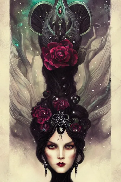 Prompt: jeweled Crown, other worldly, dark fae court, black roses, long black hair, black eyes, vivid colors, art nouveau, by Anato Finnstark, Tom Bagshaw, Brom