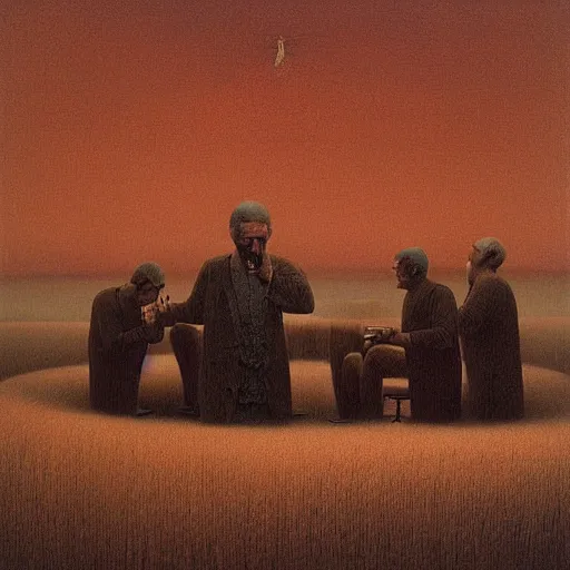 Image similar to a group of men having a beer by artist zdzisław beksinski